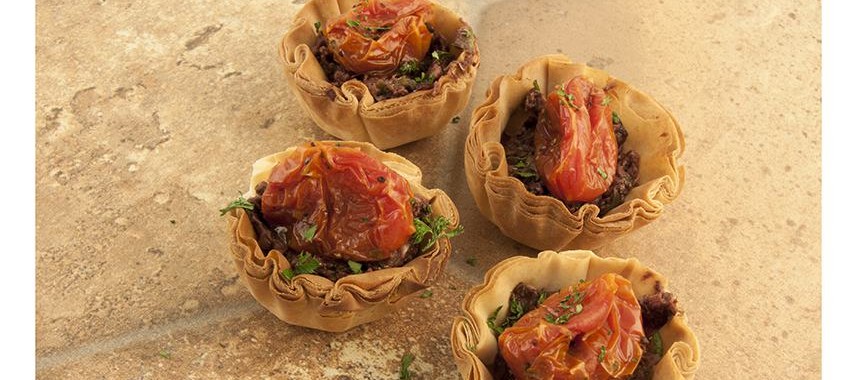 Kalamata Tapanade with Roasted Cherry Tomatoes in Fillo Cups